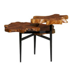 Teak Wood Handmade Live Edge 3 Tier Accent Table with Black Base - Brown- 36W x 34L x 24H