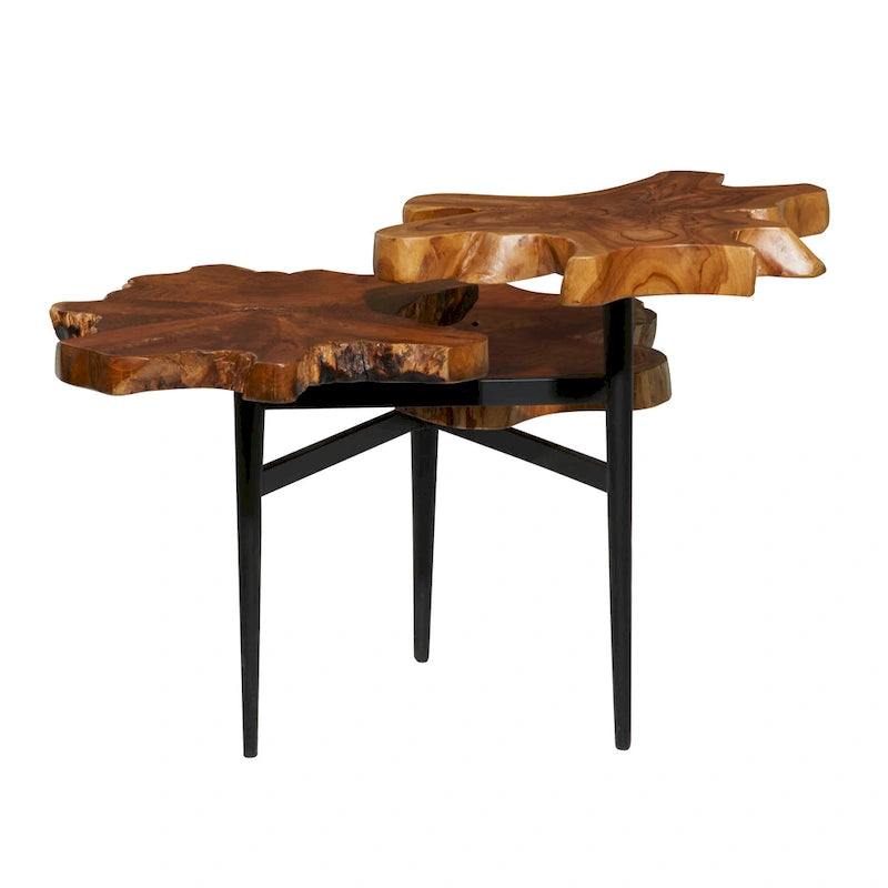 Teak Wood Handmade Live Edge 3 Tier Accent Table with Black Base - Brown- 36W x 34L x 24H