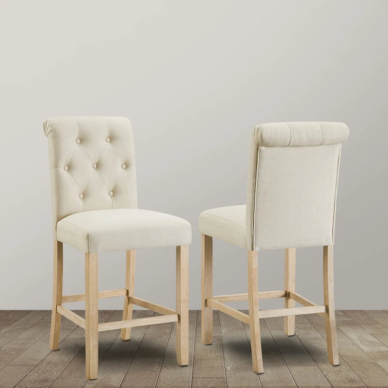 Counter Height Button Tufted Back Solid Wood Stools, Set of 2