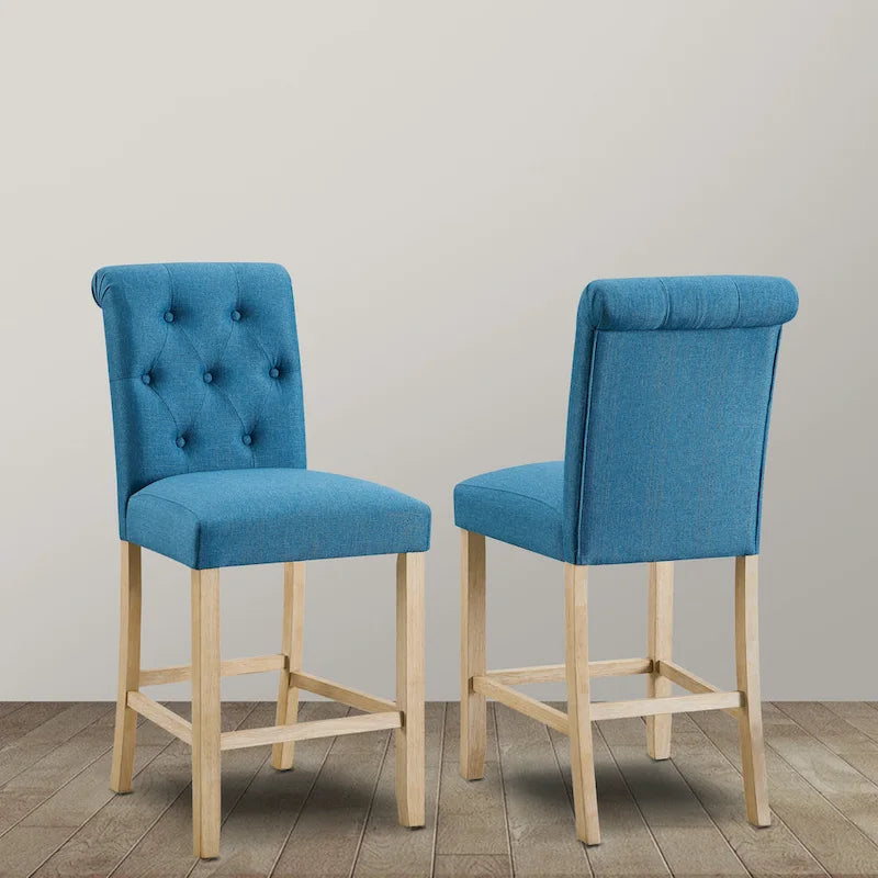 Counter Height Button Tufted Back Solid Wood Stools, Set of 2