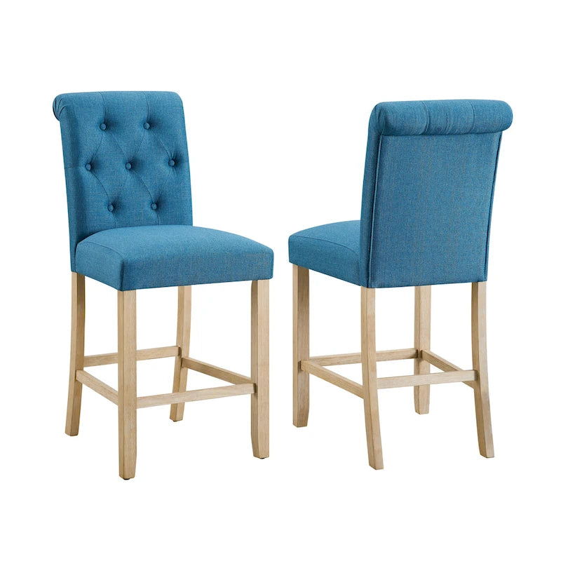 Counter Height Button Tufted Back Solid Wood Stools, Set of 2
