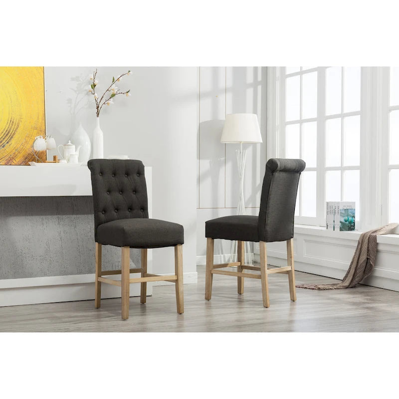 Counter Height Button Tufted Back Solid Wood Stools, Set of 2