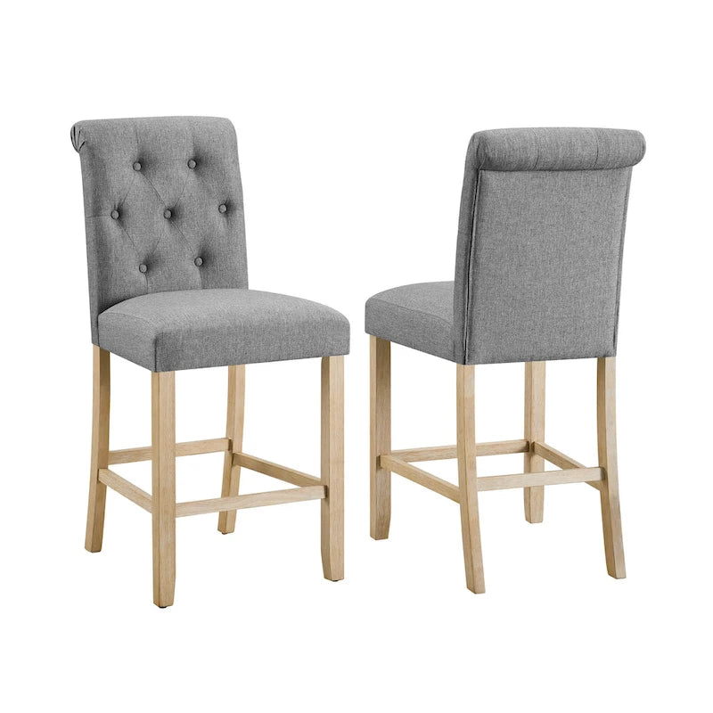 Counter Height Button Tufted Back Solid Wood Stools, Set of 2
