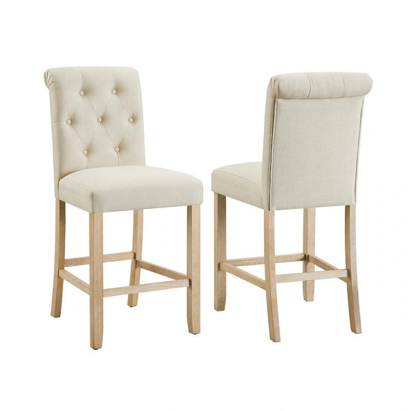 Counter Height Button Tufted Back Solid Wood Stools, Set of 2