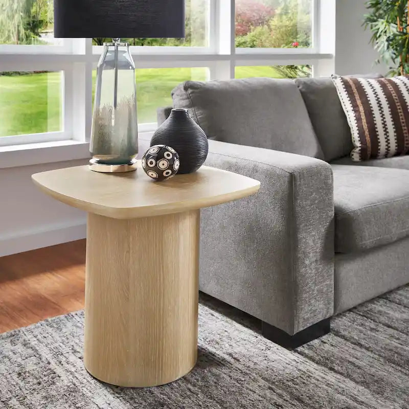 Contemporary Oak-Finished End Table with Sturdy Column Base
