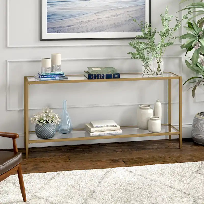 64-Inch Rectangular Console Table with Glass Shelf