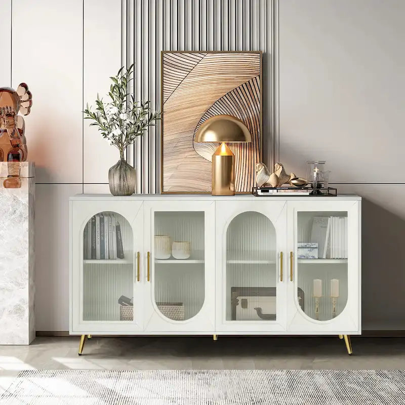 Wood TV Stand with Storage Cabinet and Adjustable Shelves