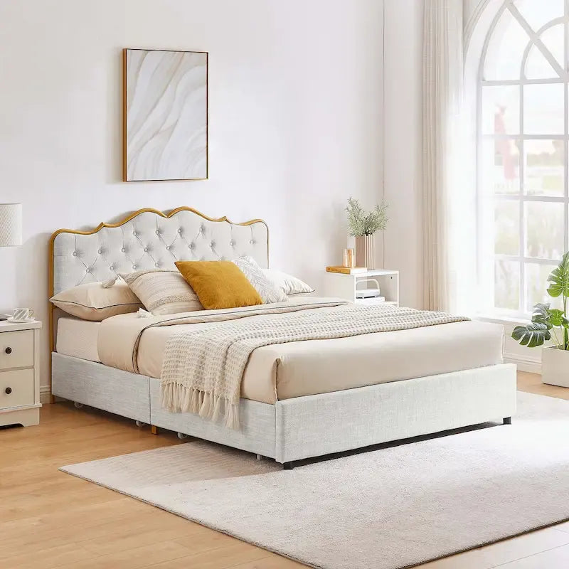Platform Bed with Buckle-Shaped Backrest and Four Storage Drawers