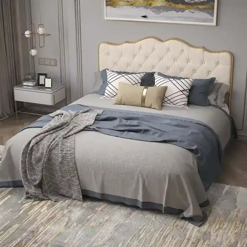 Platform Bed with Buckle-Shaped Backrest and Four Storage Drawers