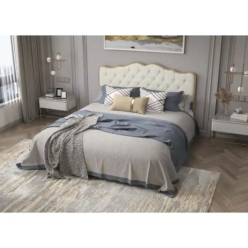 Platform Bed with Buckle-Shaped Backrest and Four Storage Drawers