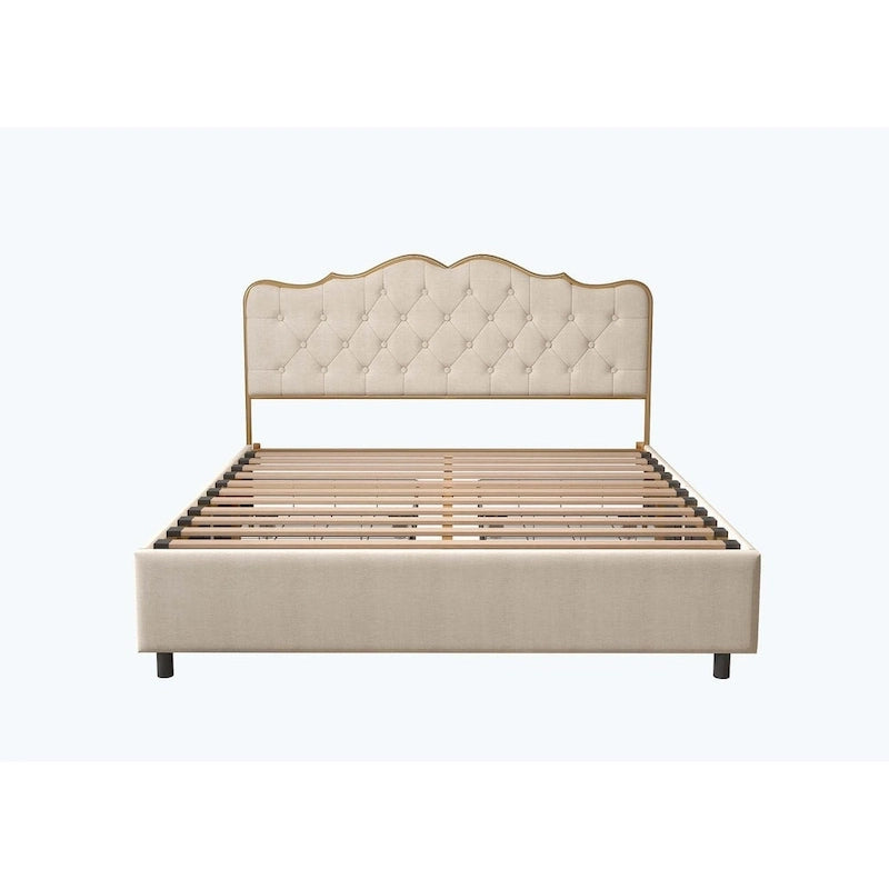 Platform Bed with Buckle-Shaped Backrest and Four Storage Drawers