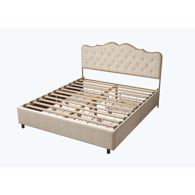 Platform Bed with Buckle-Shaped Backrest and Four Storage Drawers