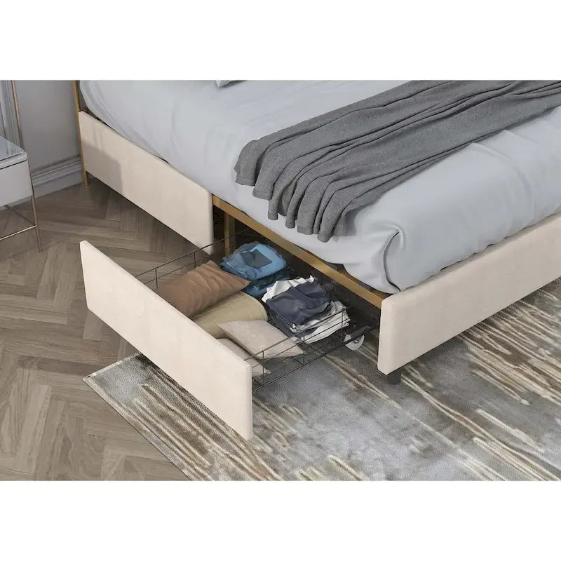 Platform Bed with Buckle-Shaped Backrest and Four Storage Drawers
