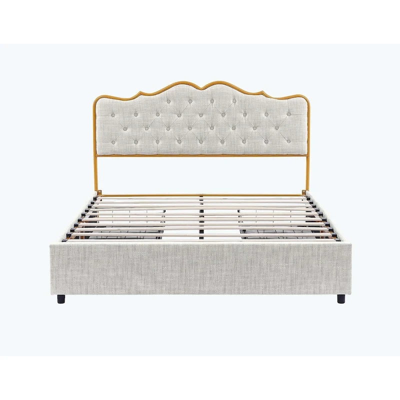 Platform Bed with Buckle-Shaped Backrest and Four Storage Drawers