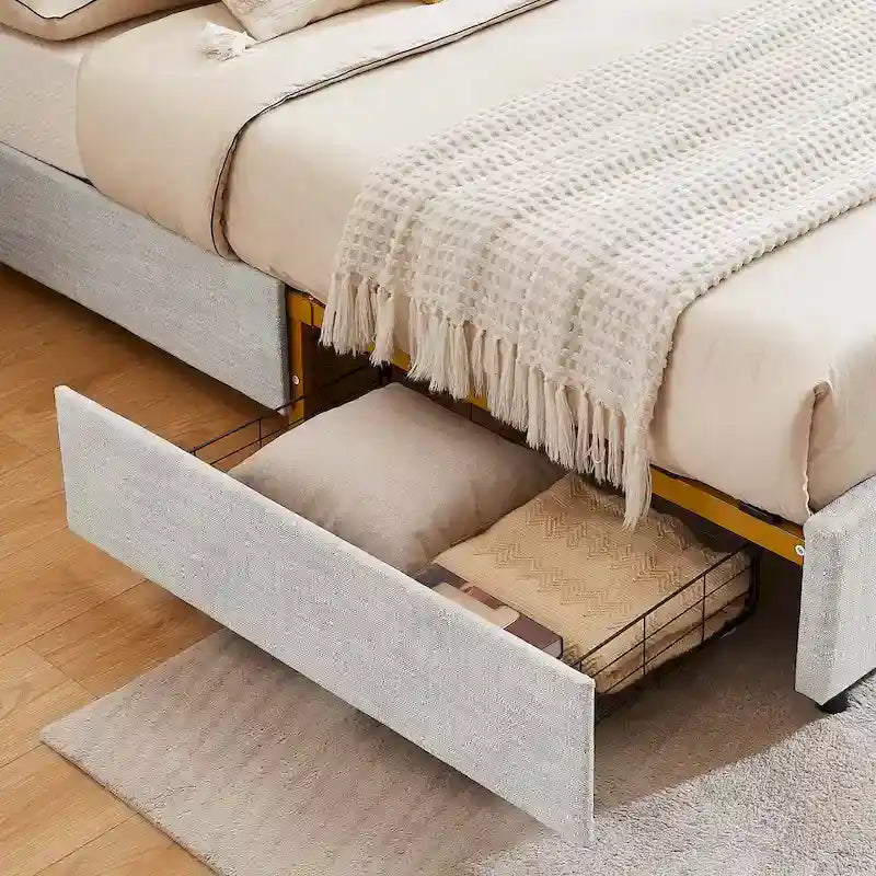 Platform Bed with Buckle-Shaped Backrest and Four Storage Drawers