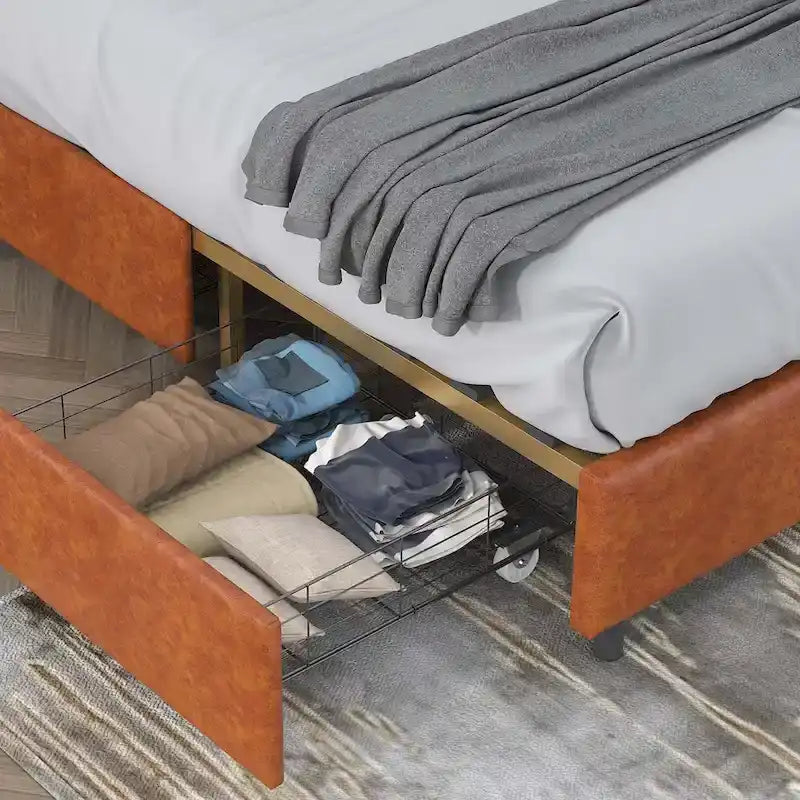 Platform Bed with Buckle-Shaped Backrest and Four Storage Drawers