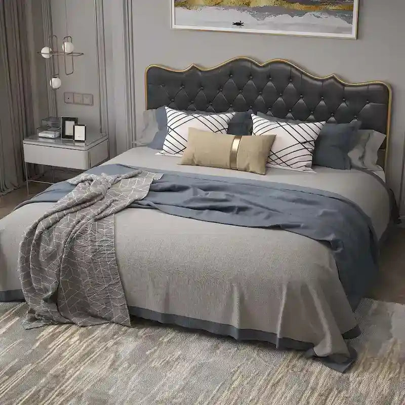 Platform Bed with Buckle-Shaped Backrest and Four Storage Drawers