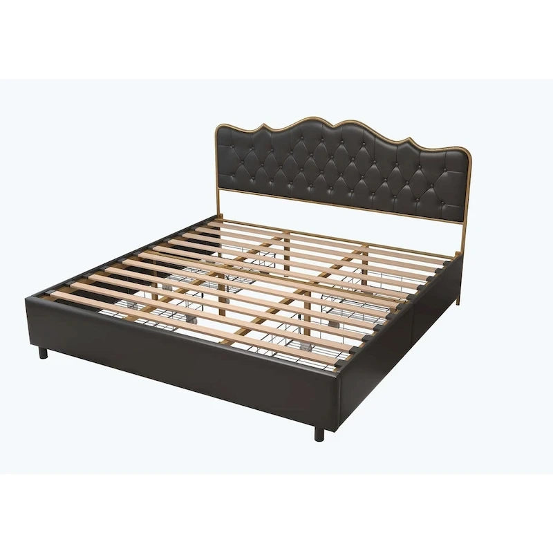 Platform Bed with Buckle-Shaped Backrest and Four Storage Drawers