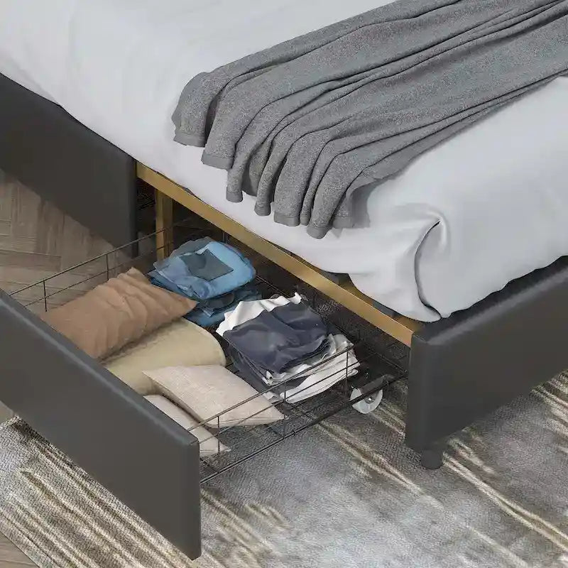 Platform Bed with Buckle-Shaped Backrest and Four Storage Drawers
