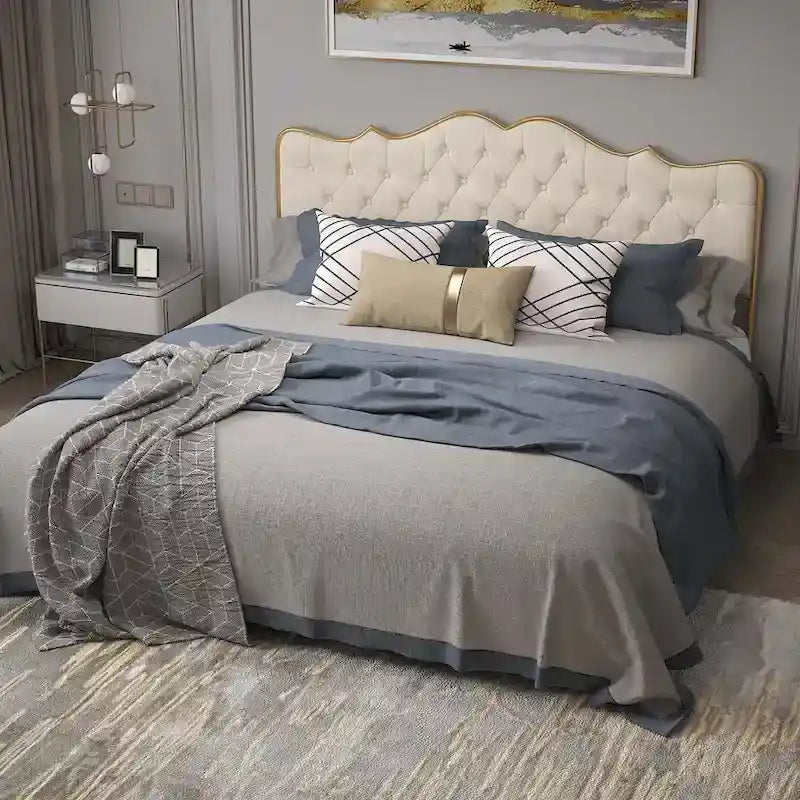 Platform Bed with Buckle-Shaped Backrest and Four Storage Drawers