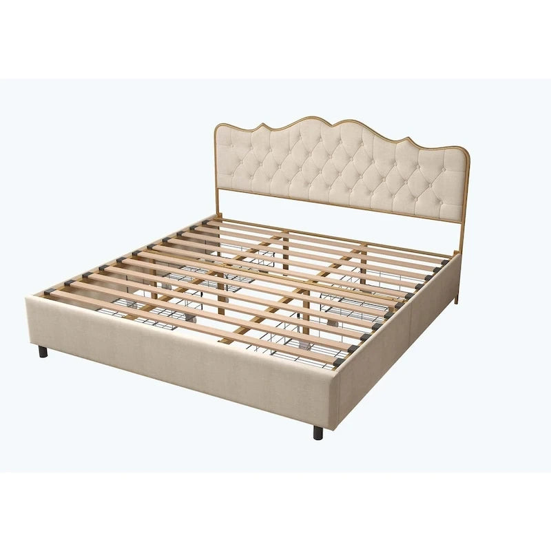 Platform Bed with Buckle-Shaped Backrest and Four Storage Drawers