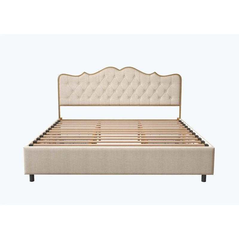 Platform Bed with Buckle-Shaped Backrest and Four Storage Drawers