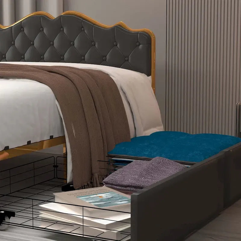 Platform Bed with Buckle-Shaped Backrest and Four Storage Drawers