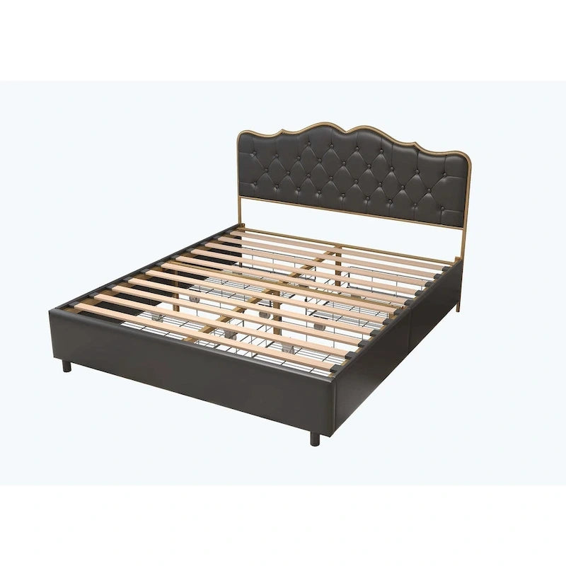 Platform Bed with Buckle-Shaped Backrest and Four Storage Drawers