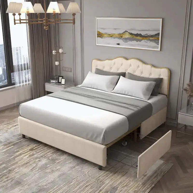 Platform Bed with Buckle-Shaped Backrest and Four Storage Drawers