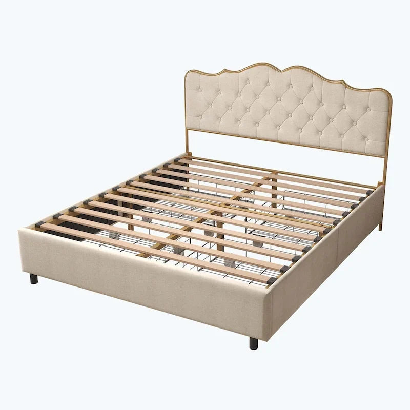 Platform Bed with Buckle-Shaped Backrest and Four Storage Drawers