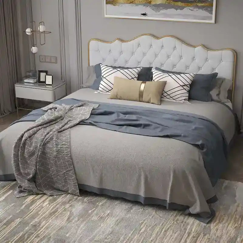 Platform Bed with Buckle-Shaped Backrest and Four Storage Drawers