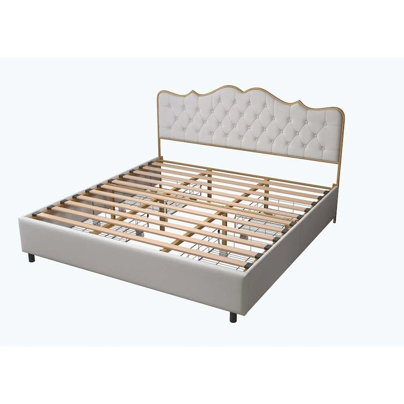 Platform Bed with Buckle-Shaped Backrest and Four Storage Drawers