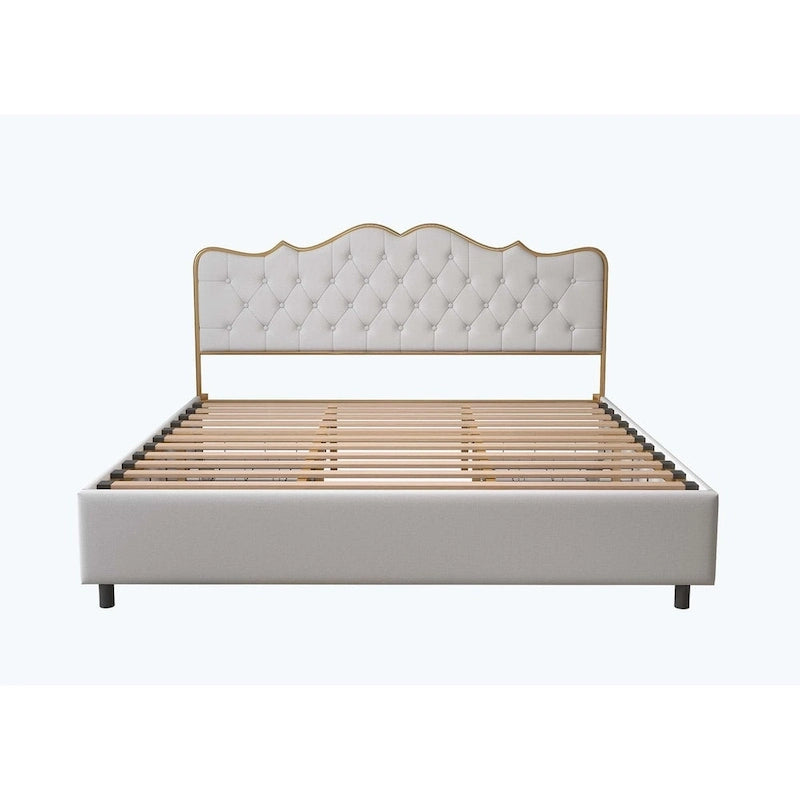 Platform Bed with Buckle-Shaped Backrest and Four Storage Drawers
