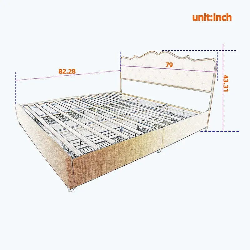 Platform Bed with Buckle-Shaped Backrest and Four Storage Drawers