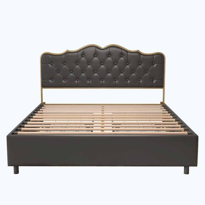 Platform Bed with Buckle-Shaped Backrest and Four Storage Drawers