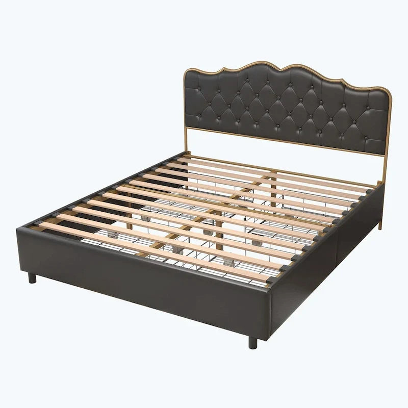 Platform Bed with Buckle-Shaped Backrest and Four Storage Drawers