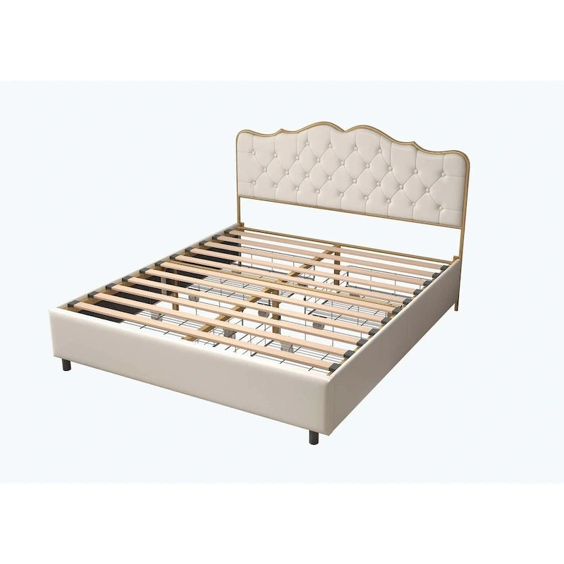 Platform Bed with Buckle-Shaped Backrest and Four Storage Drawers