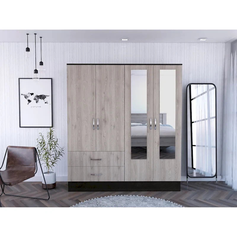 160 Armoire with 9 Shelves, 2 Cabinets, Mirrors, 2 Drawers, and Rod