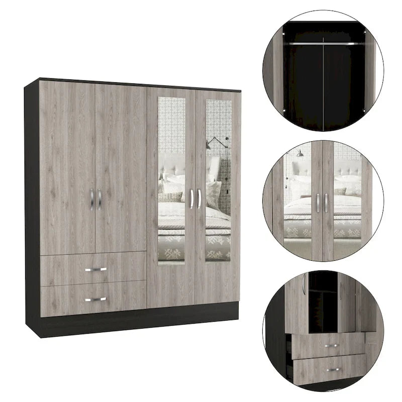 160 Armoire with 9 Shelves, 2 Cabinets, Mirrors, 2 Drawers, and Rod