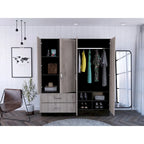 160 Armoire with 9 Shelves, 2 Cabinets, Mirrors, 2 Drawers, and Rod