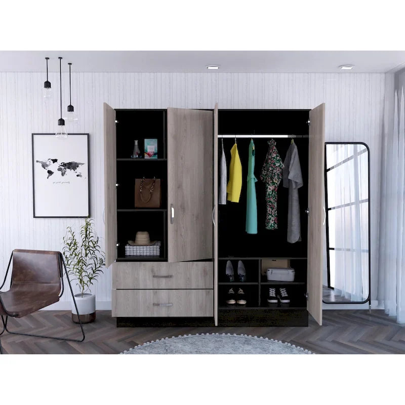 160 Armoire with 9 Shelves, 2 Cabinets, Mirrors, 2 Drawers, and Rod