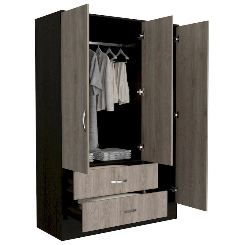 160 Armoire with 9 Shelves, 2 Cabinets, Mirrors, 2 Drawers, and Rod