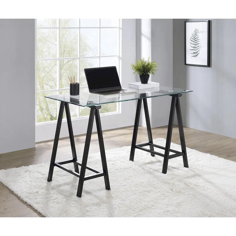 Desk with Clear Glass Top and Metal Base