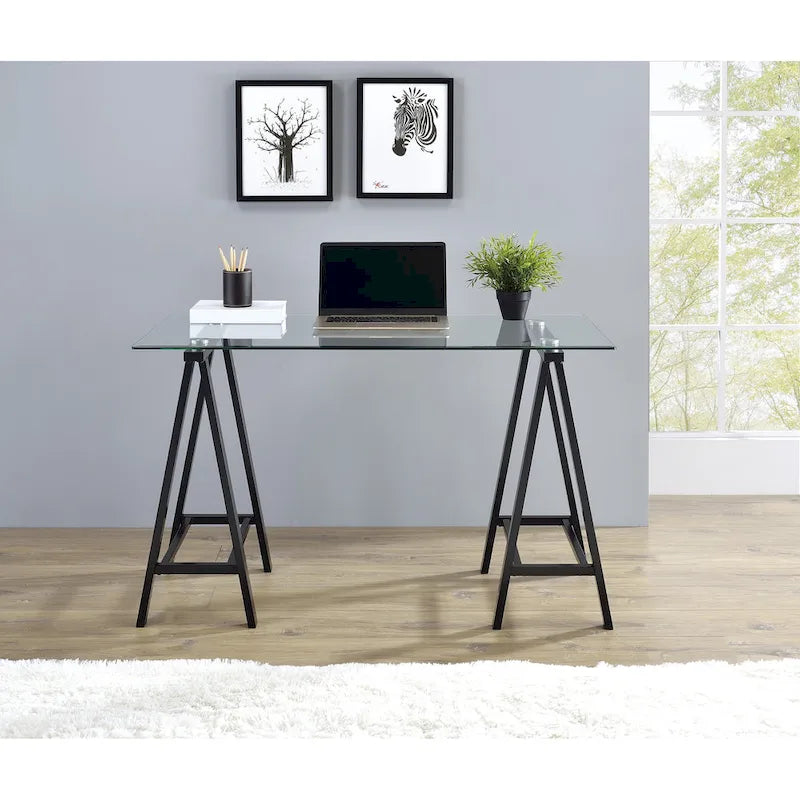 Desk with Clear Glass Top and Metal Base