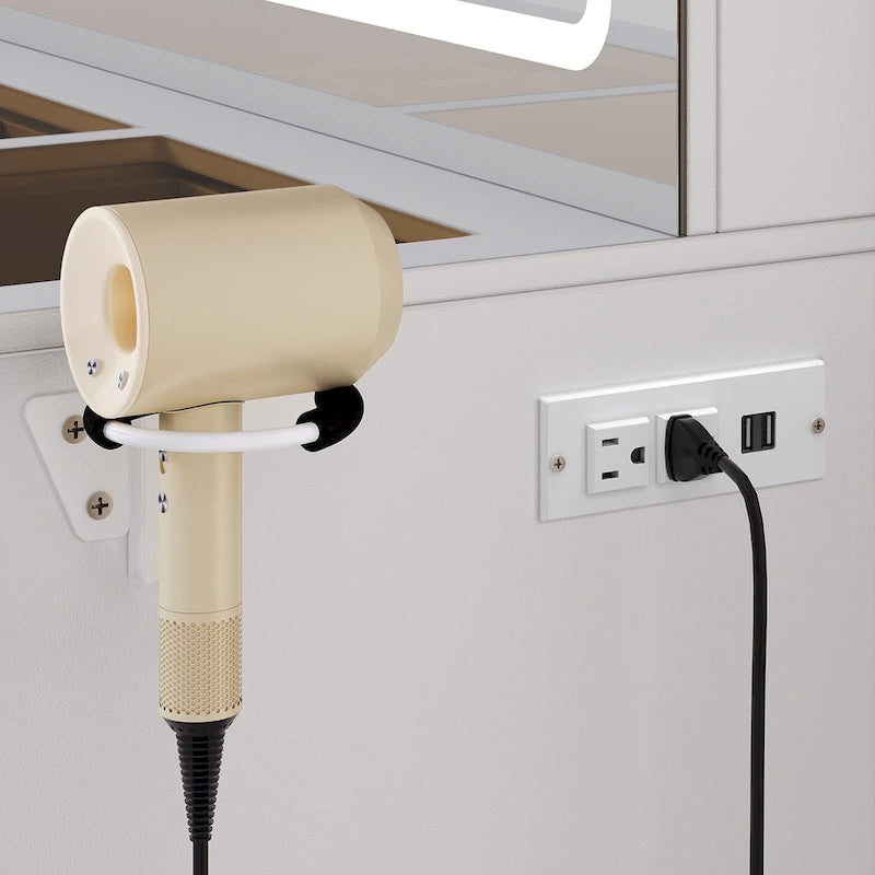 47 Vanity Desk with LED and Power Outlets, Makeup Vanity Dressing Table with Dividers and Hair Dryer Rack