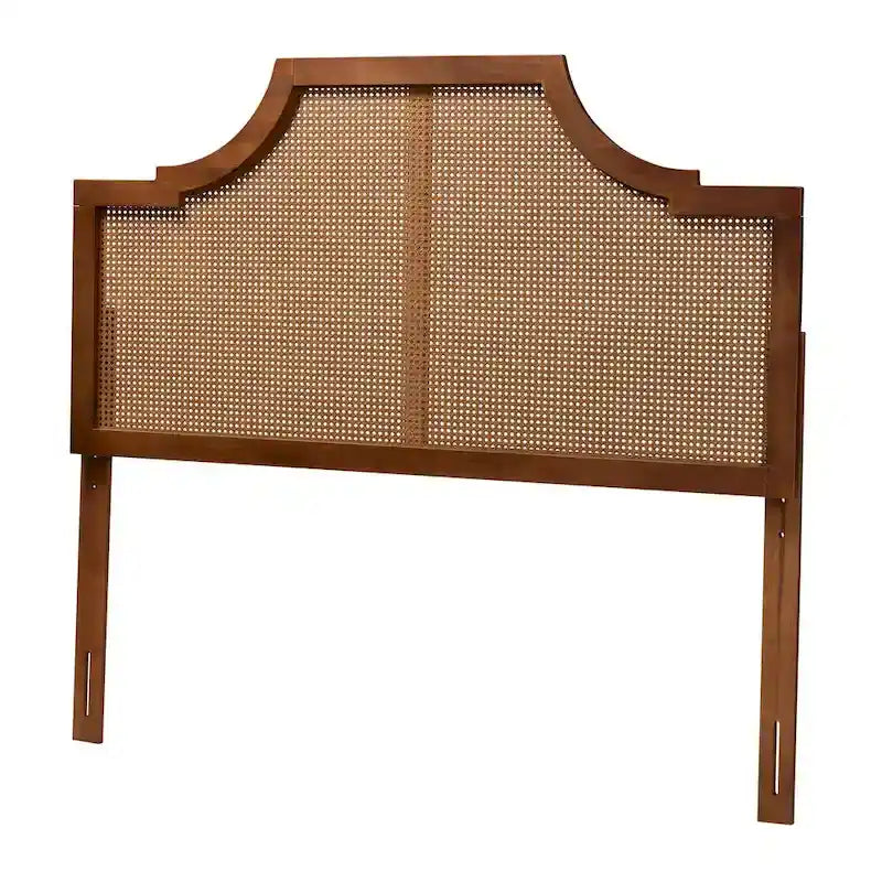 Mid-Century Modern Ash Walnut Finished Wood and Rattan Headboard