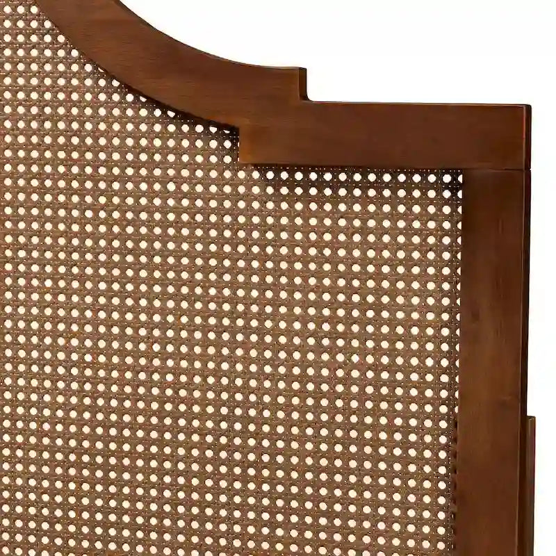Mid-Century Modern Ash Walnut Finished Wood and Rattan Headboard