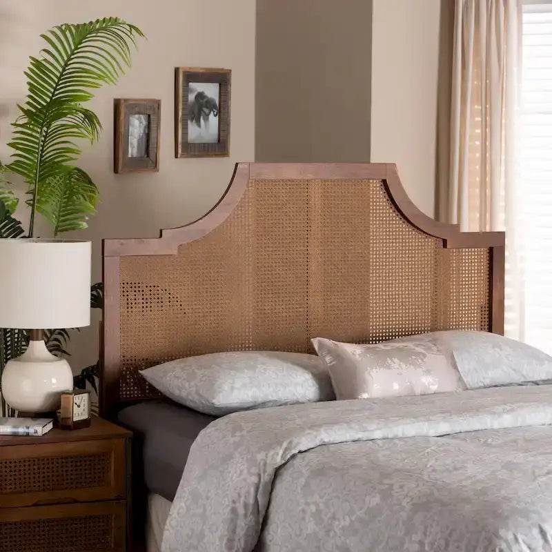 Mid-Century Modern Ash Walnut Finished Wood and Rattan Headboard