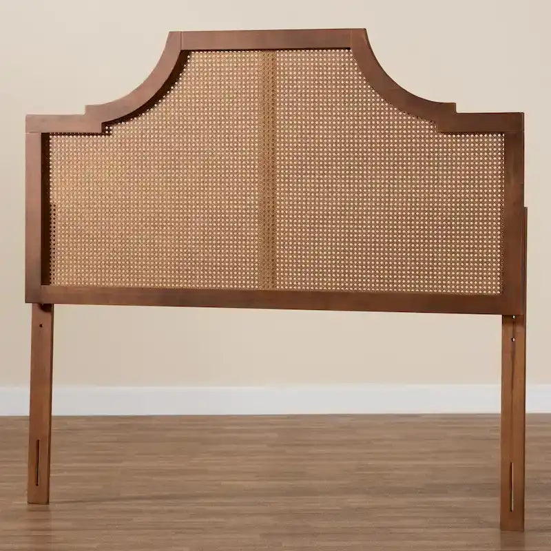 Mid-Century Modern Ash Walnut Finished Wood and Rattan Headboard