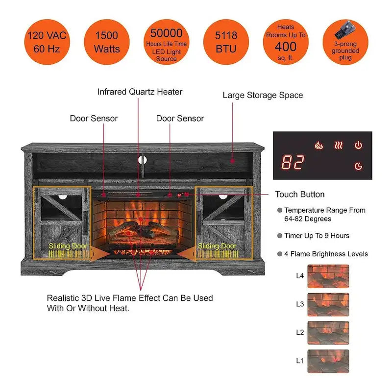 60 In. TV Stand for TVs up to 70 In. with Electric Fireplace